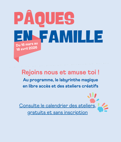 Rejoins nous et amuse toi ! Au programme, le labyrinthe magique en libre accès et des ateliers créatifs Consulte le calendrier des ateliers, gratuits et sans inscription